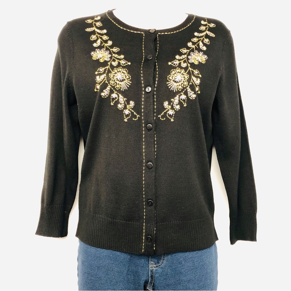 Ann Taylor Black Metalic Embroidered Cardigan